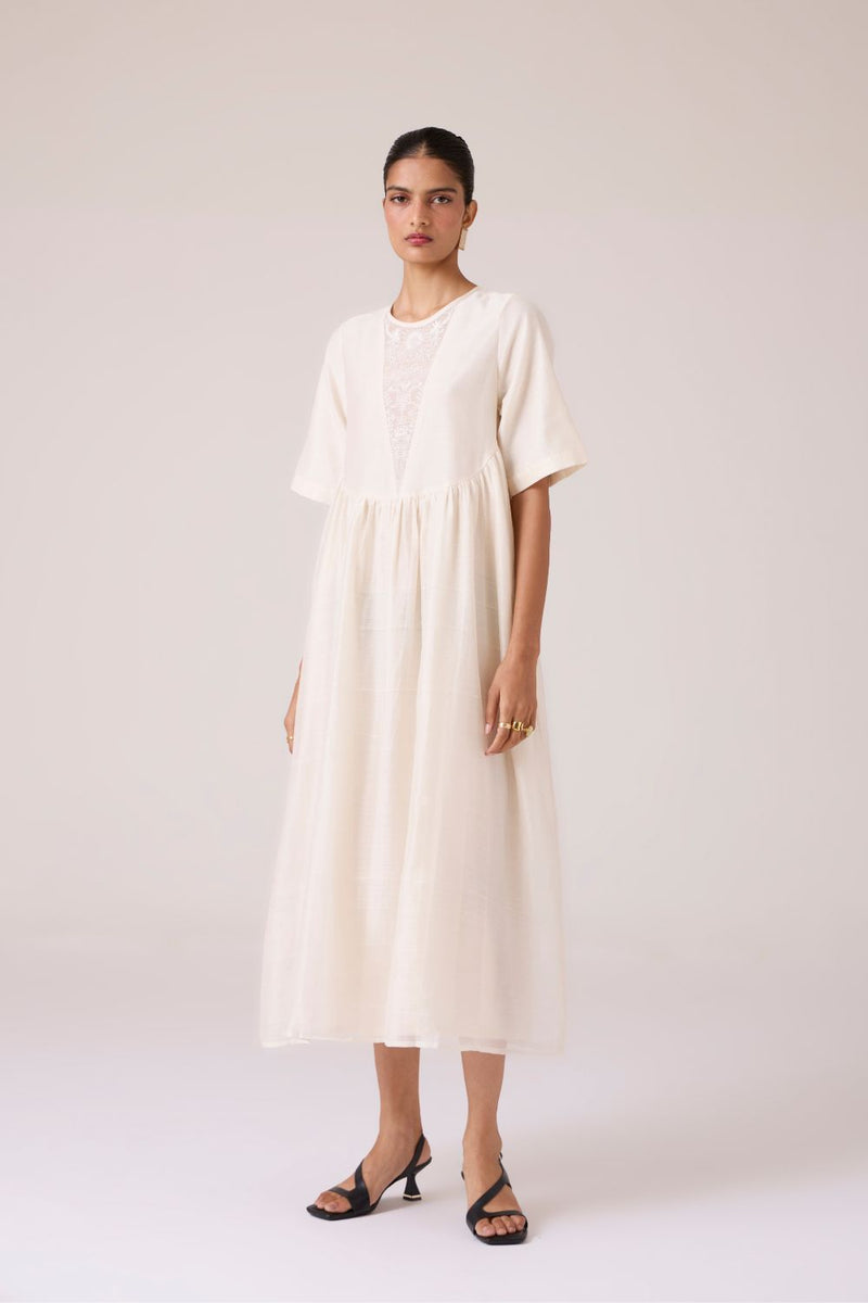 Callisto White Handwoven Dress chanderi by The Summer House in white color for women in Singapore