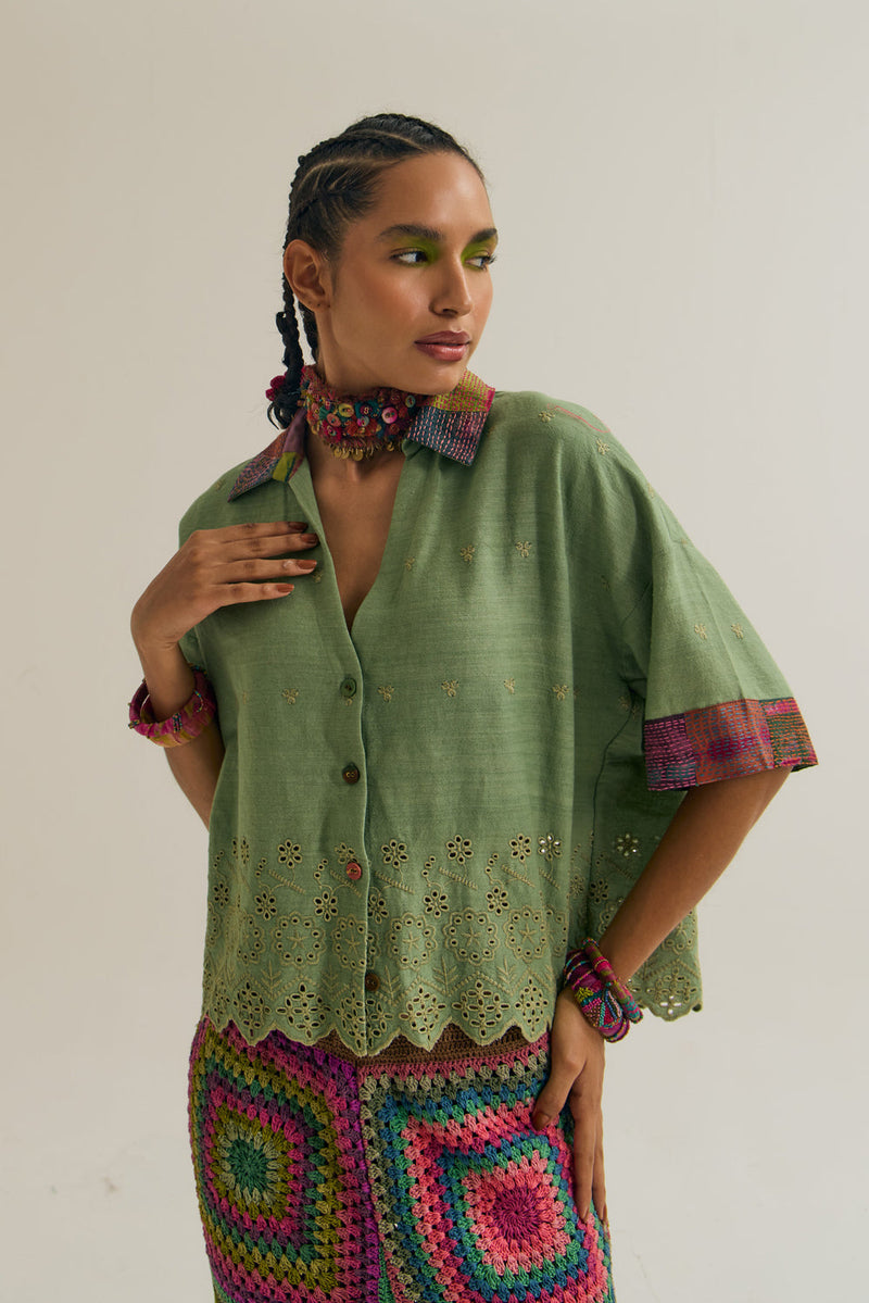 Hibiscus Shirt handloom cotton,silk top/shirt by Capisvirleo in green for women in Singapore