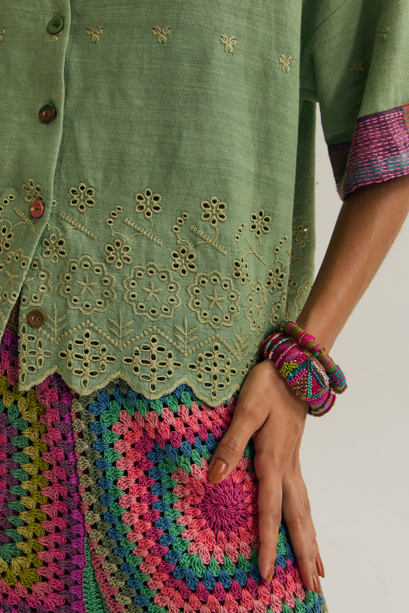 Hibiscus Shirt handloom cotton,silk top/shirt by Capisvirleo in green for women in Singapore