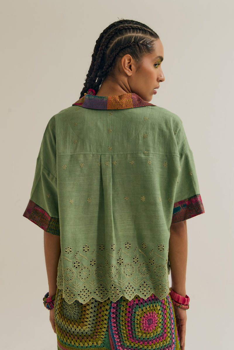 Hibiscus Shirt handloom cotton,silk top/shirt by Capisvirleo in green for women in Singapore