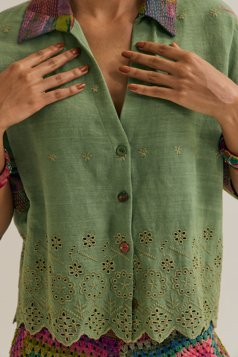 Hibiscus Shirt handloom cotton,silk top/shirt by Capisvirleo in green for women in Singapore