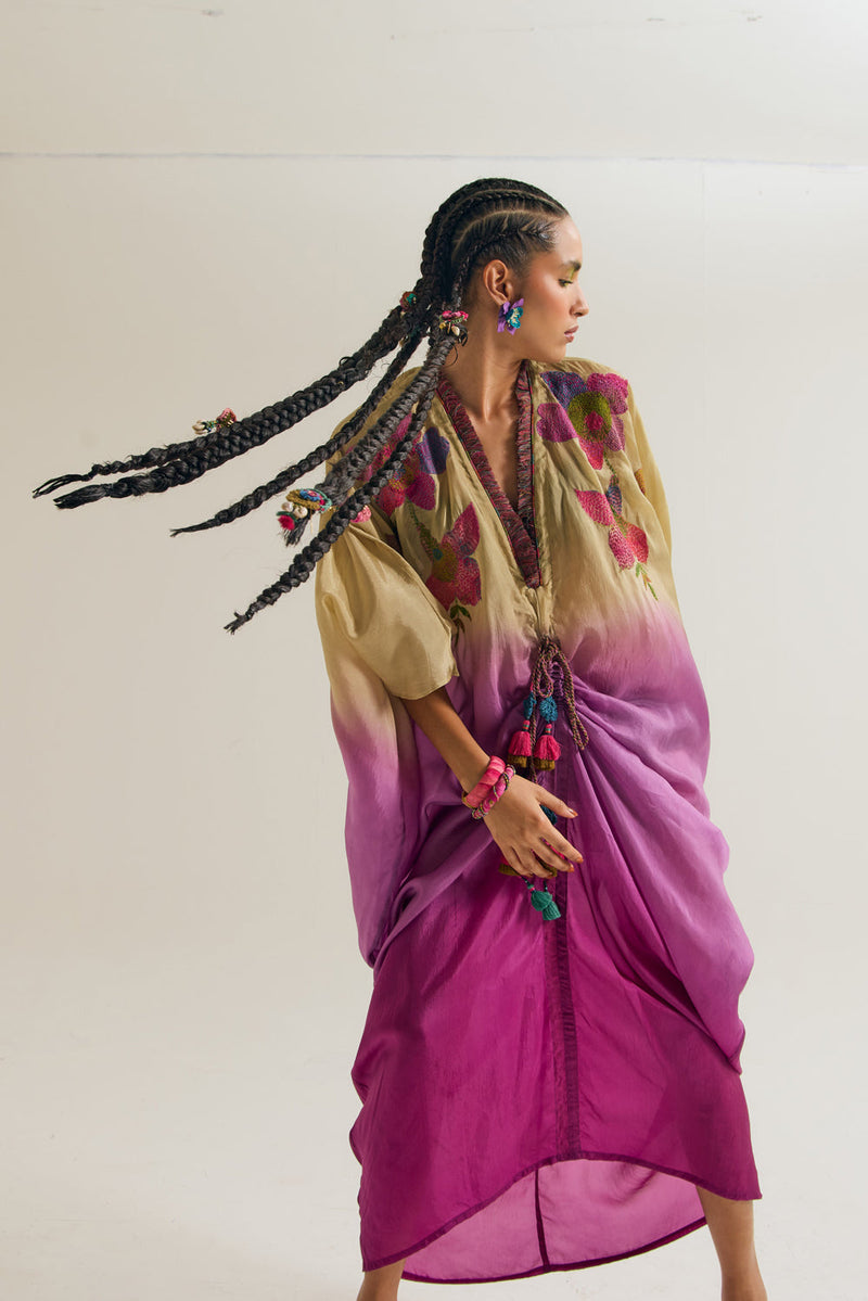 Cherry-Blossom Kaftan habutai silk tunics/kaftan by Capisvirleo in olive for women in Singapore