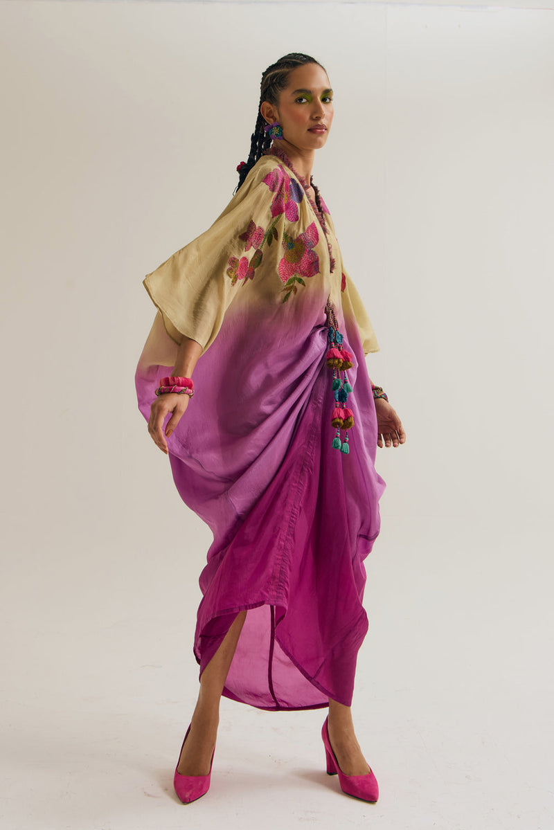Cherry-Blossom Kaftan habutai silk tunics/kaftan by Capisvirleo in olive for women in Singapore