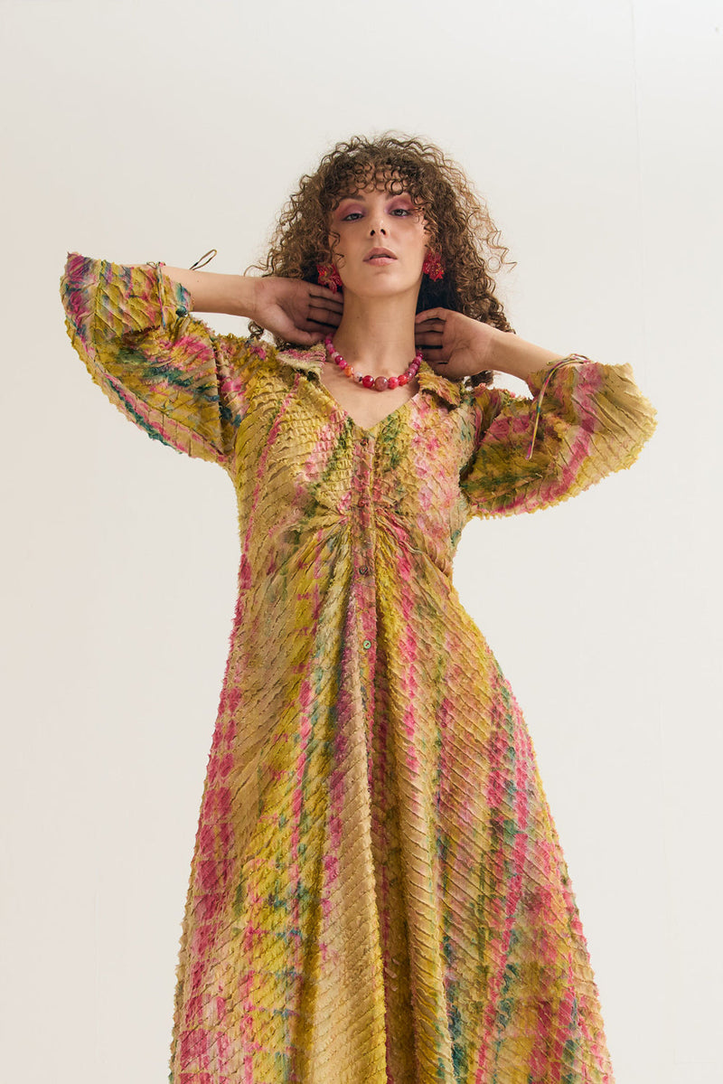 Lantana Dress cotton silk,chanderi dress by Capisvirleo in yellow for women in Singapore