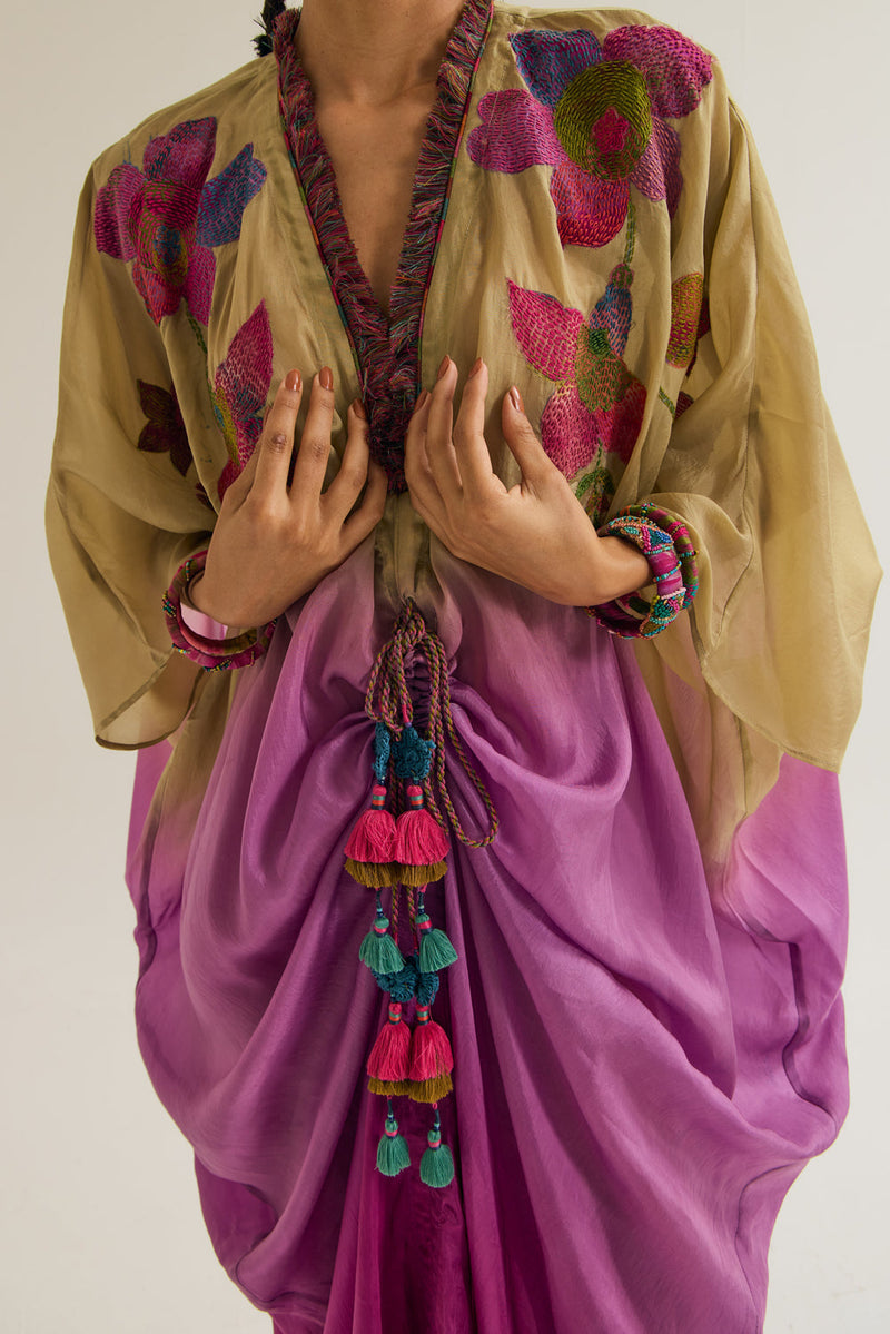 Cherry-Blossom Kaftan habutai silk tunics/kaftan by Capisvirleo in olive for women in Singapore