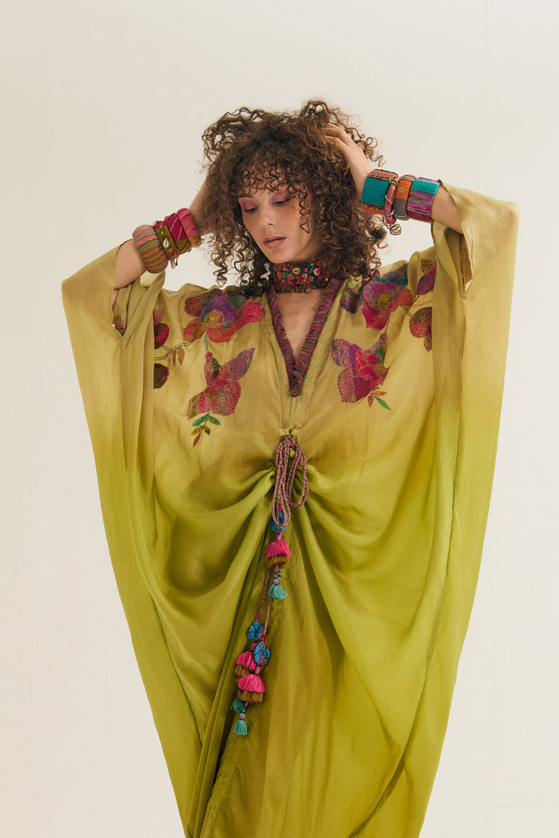 Cherry-Blossom Kaftan habutai silk tunics/kaftan by Capisvirleo in olive for women in Singapore