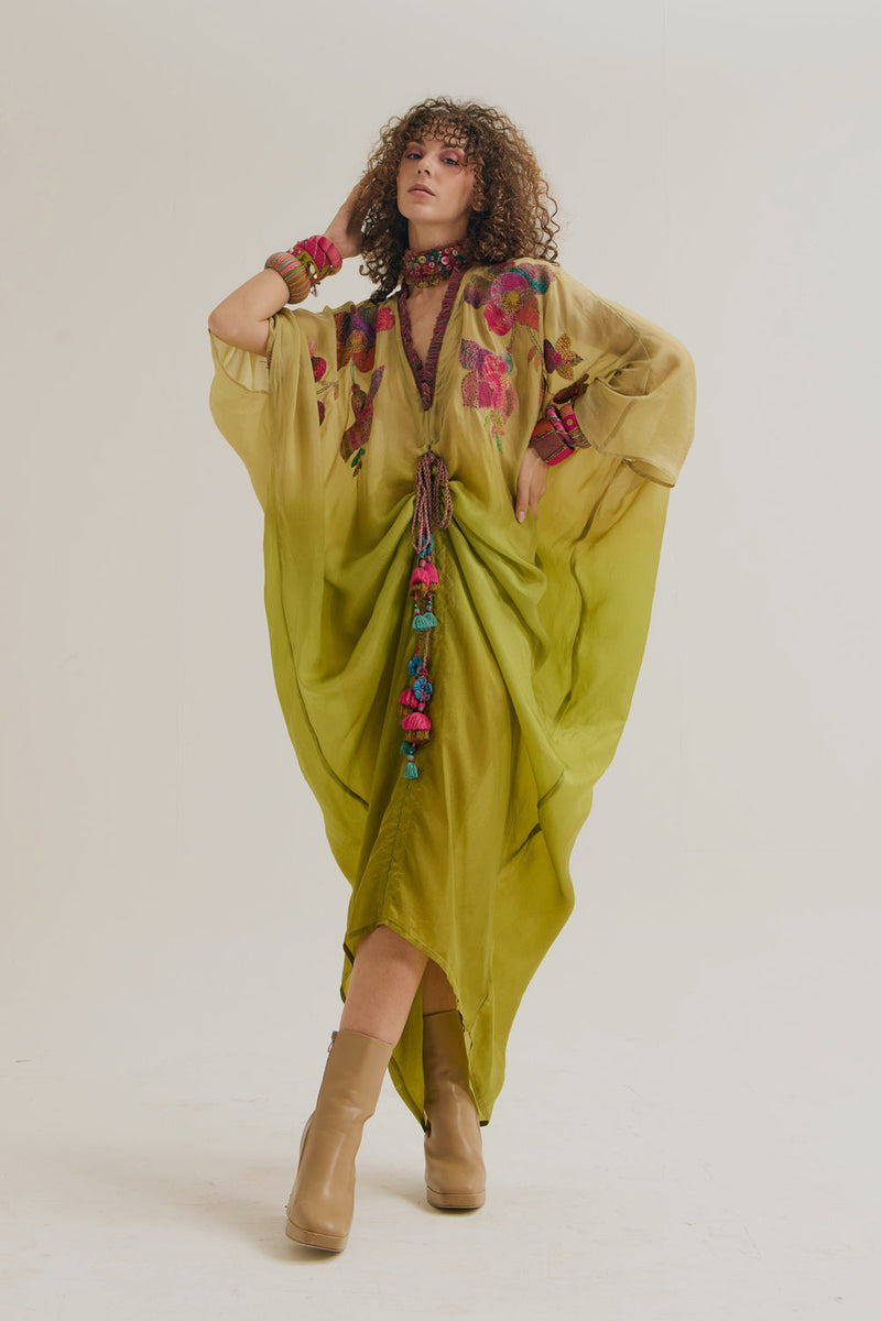 Cherry-Blossom Kaftan habutai silk tunics/kaftan by Capisvirleo in olive for women in Singapore