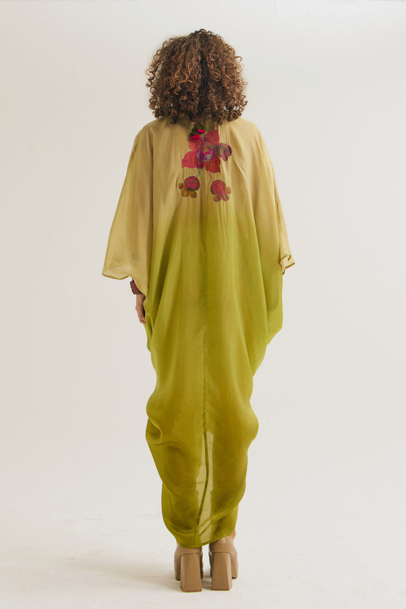 Cherry-Blossom Kaftan habutai silk tunics/kaftan by Capisvirleo in olive for women in Singapore