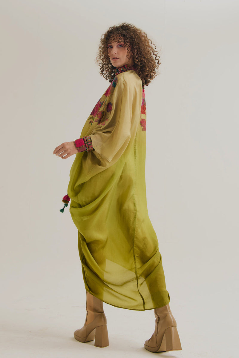 Cherry-Blossom Kaftan habutai silk tunics/kaftan by Capisvirleo in olive for women in Singapore