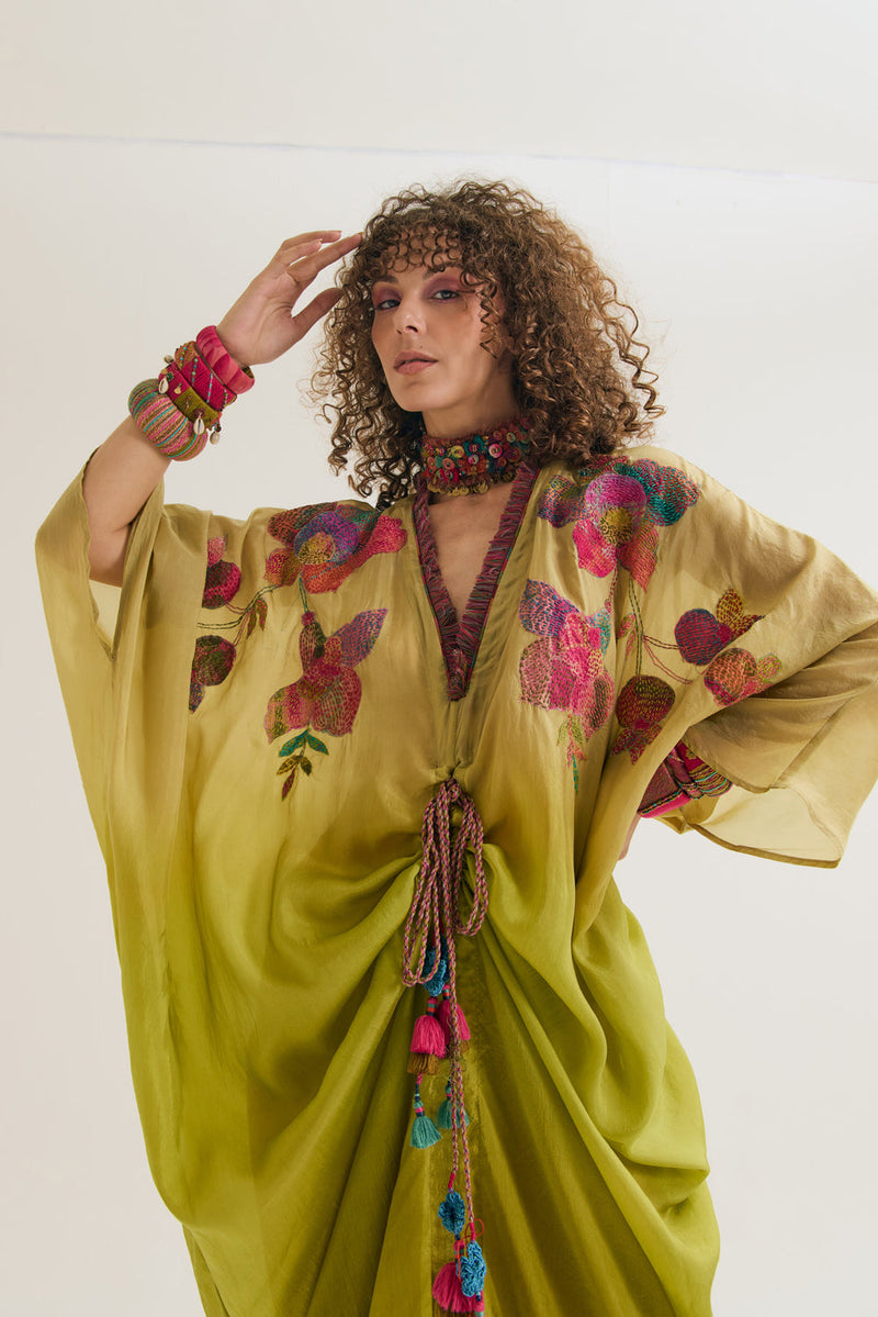 Cherry-Blossom Kaftan habutai silk tunics/kaftan by Capisvirleo in olive for women in Singapore