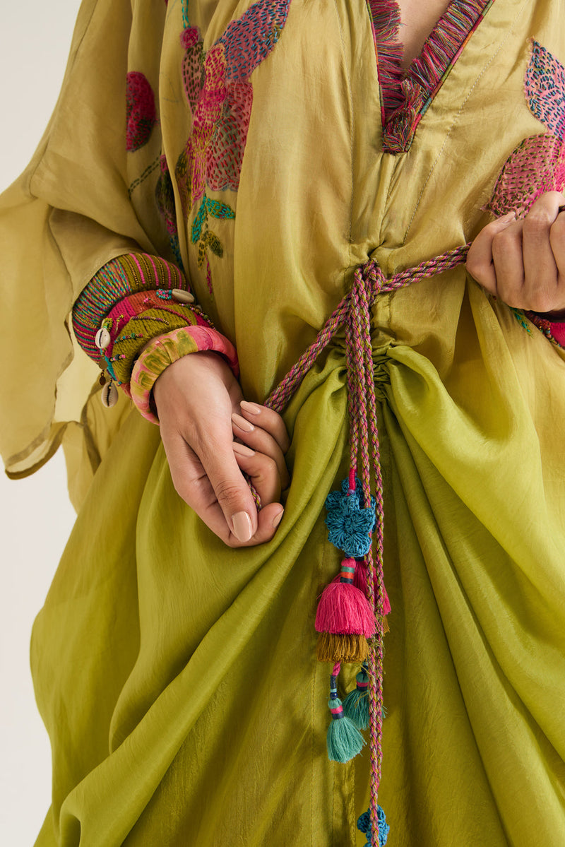 Cherry-Blossom Kaftan habutai silk tunics/kaftan by Capisvirleo in olive for women in Singapore