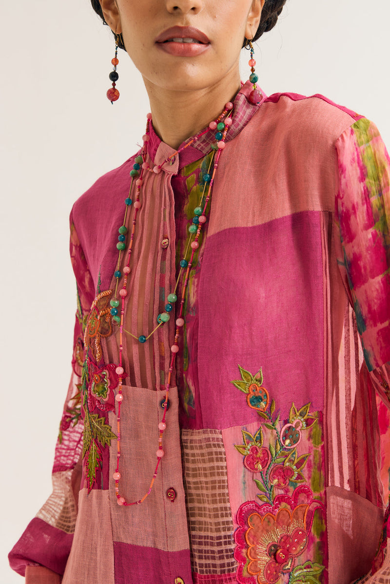 Shrub Rose Shirt jute,linen,silk top/shirt by Capisvirleo in pink for women in Singapore