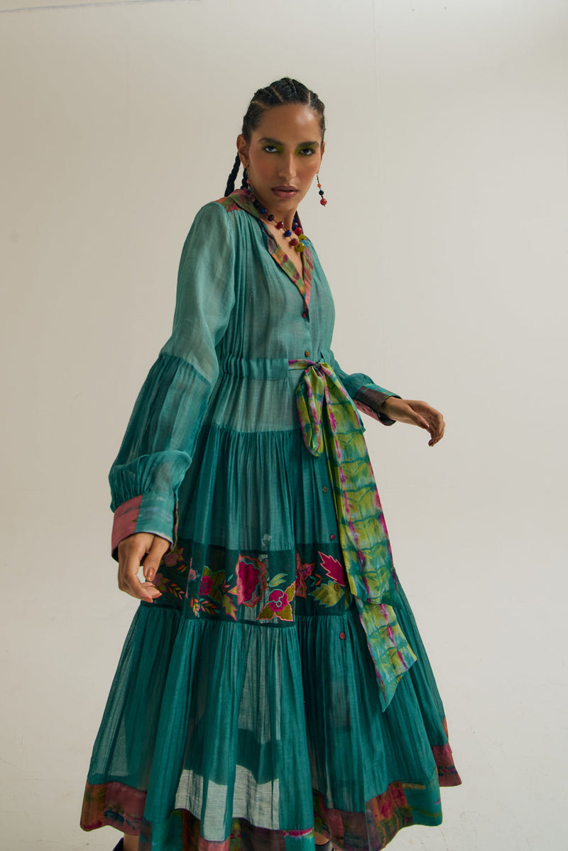 Wistiria Dress chanderi silk dress by Capisvirleo in teal for women in Singapore