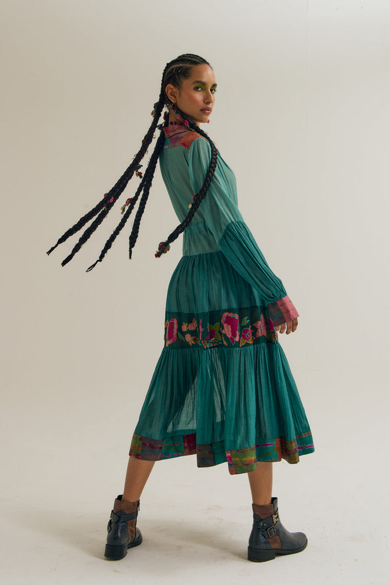 Wistiria Dress chanderi silk dress by Capisvirleo in teal for women in Singapore