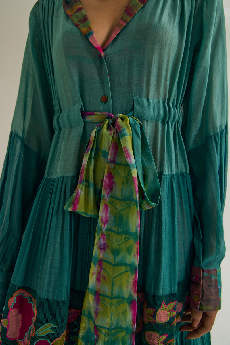 Wistiria Dress chanderi silk dress by Capisvirleo in teal for women in Singapore