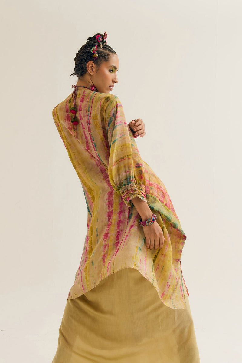 Gulmohar-Marigold Set habutai silk,cotton silk co-ord set by Capisvirleo in yellow for women in Singapore