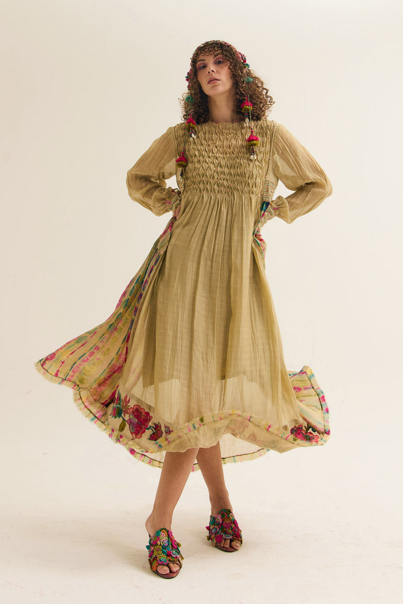 Della Dress chanderi silk dress by Capisvirleo in yellow for women in Singapore