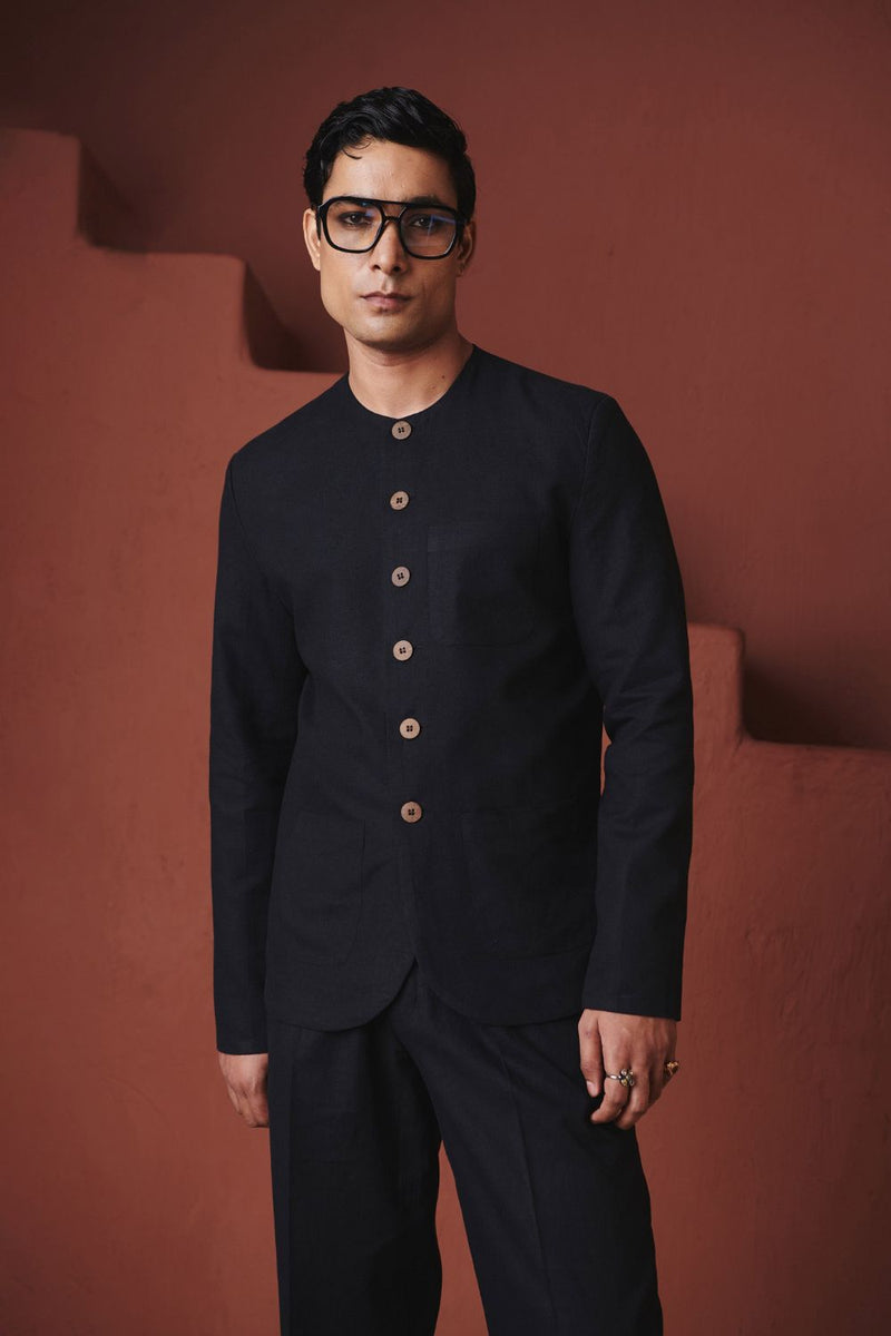 Carbon Co Linen Men's Round Neck Jacket