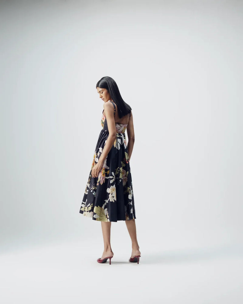 Carmine Embroidered Dress satin by YAM in black color for women in Singapore