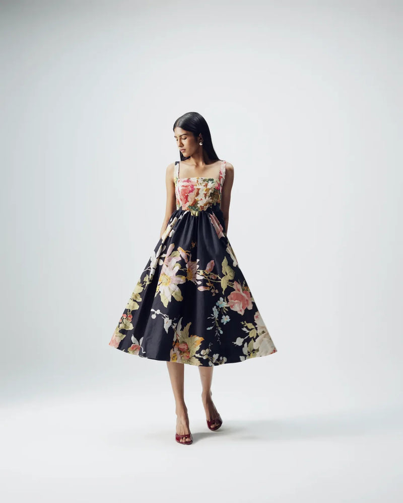 Carmine Embroidered Dress satin by YAM in black color for women in Singapore