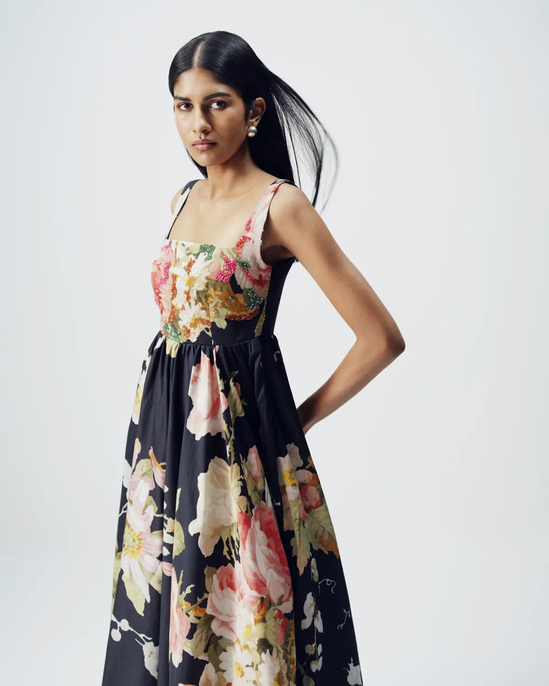 Carmine Embroidered Dress satin by YAM in black color for women in Singapore
