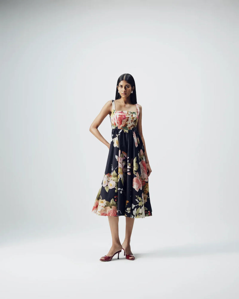 Carmine Embroidered Dress satin by YAM in black color for women in Singapore