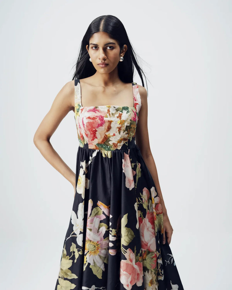Carmine Embroidered Dress satin by YAM in black color for women in Singapore