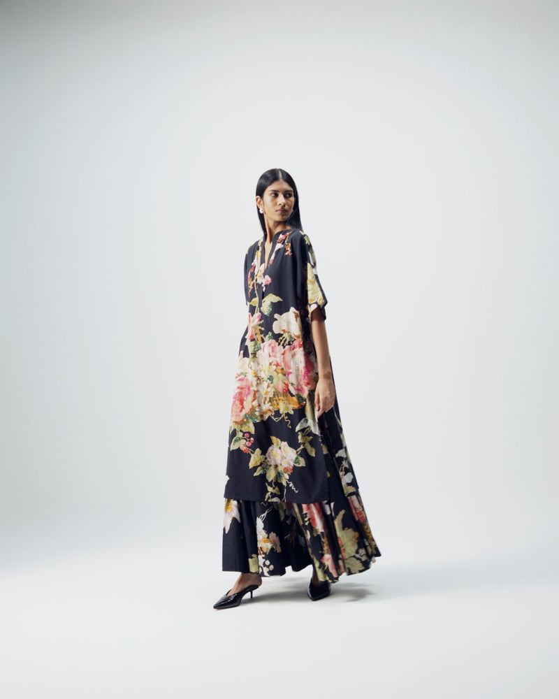 Carmine Embroidered Kurta & Skirt Set satin by YAM in black color for women in Singapore