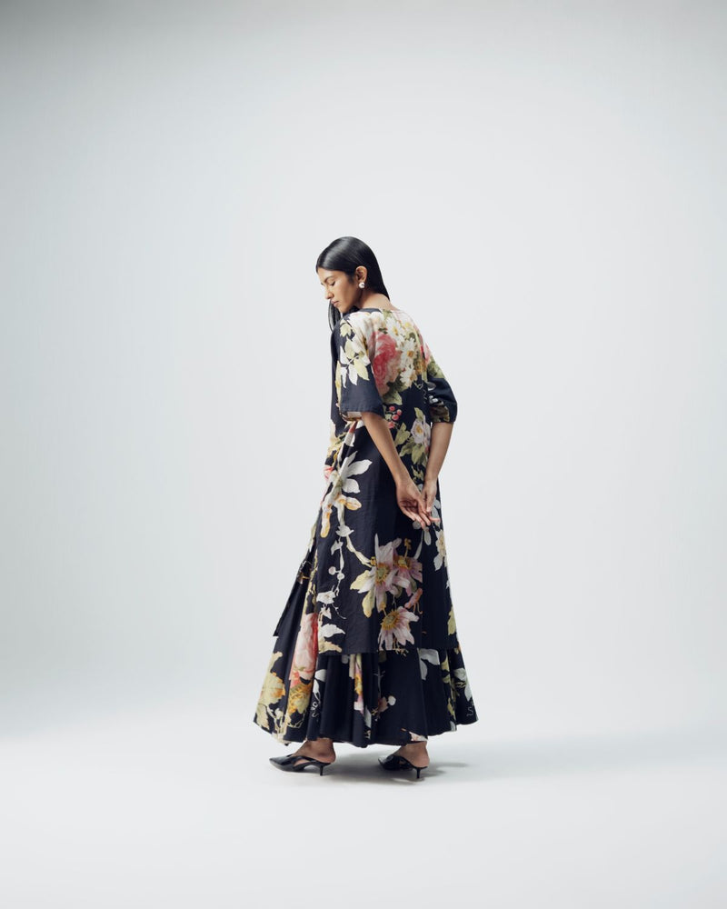 Carmine Embroidered Kurta & Skirt Set satin by YAM in black color for women in Singapore