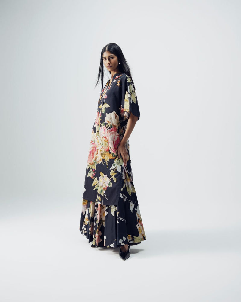Carmine Embroidered Kurta & Skirt Set satin by YAM in black color for women in Singapore