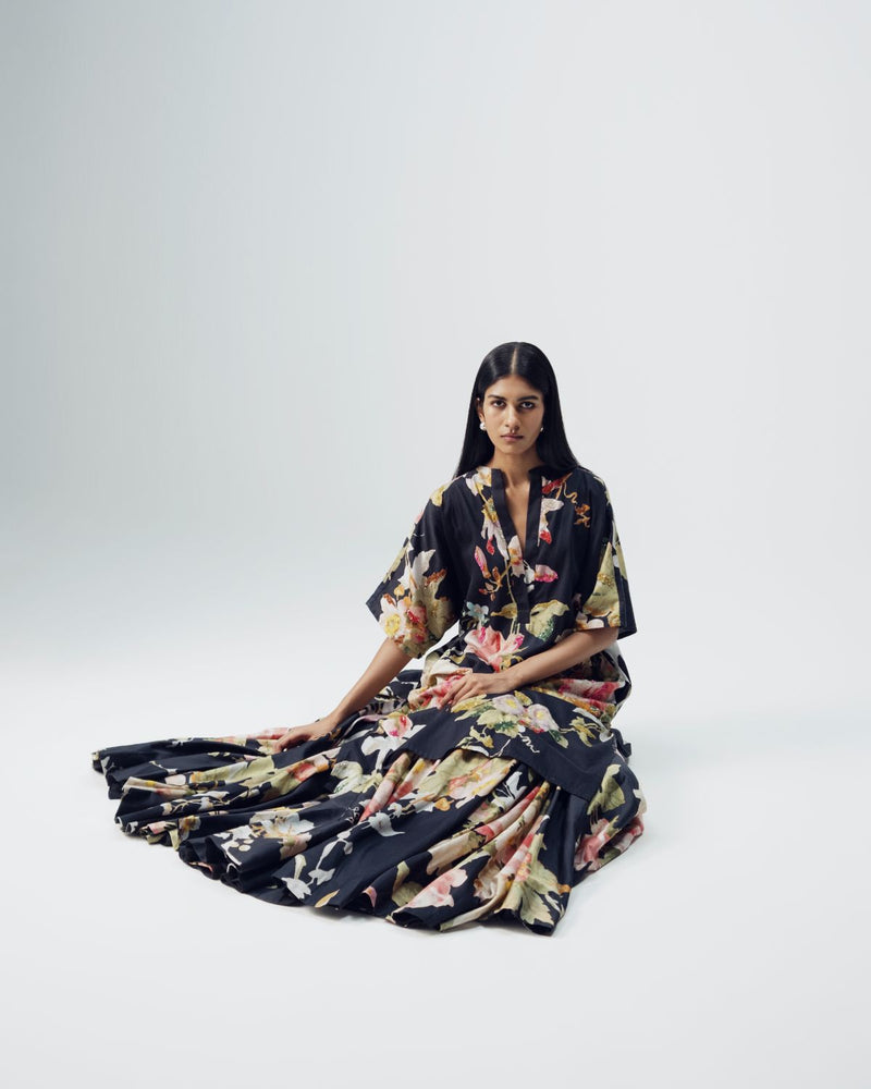 Carmine Embroidered Kurta & Skirt Set satin by YAM in black color for women in Singapore
