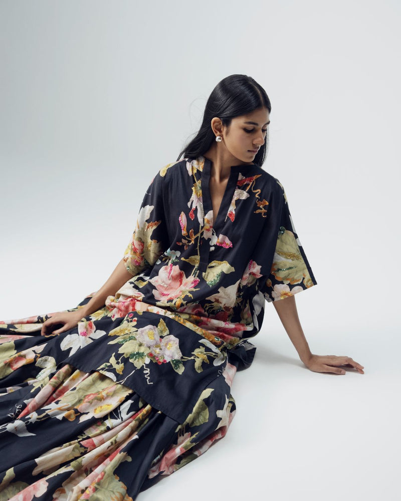 Carmine Embroidered Kurta & Skirt Set satin by YAM in black color for women in Singapore