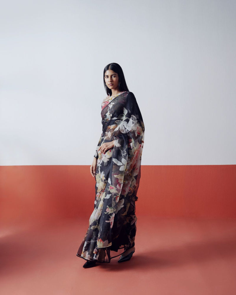 Carmine Embroidered Saree organza by YAM in black color for women in Singapore