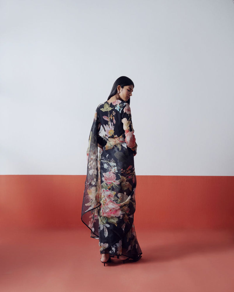 Carmine Embroidered Saree organza by YAM in black color for women in Singapore