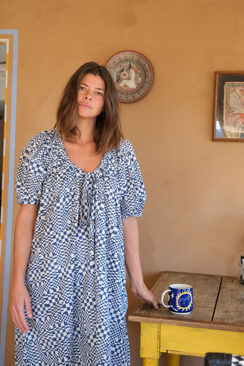 Central Park Dress — Blue check hand block printed cotton dress by World of Crow in blue for women in Singapore