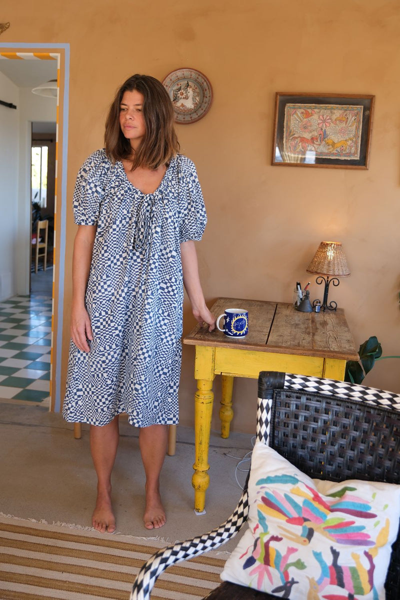 Central Park Dress — Blue check hand block printed cotton dress by World of Crow in blue for women in Singapore