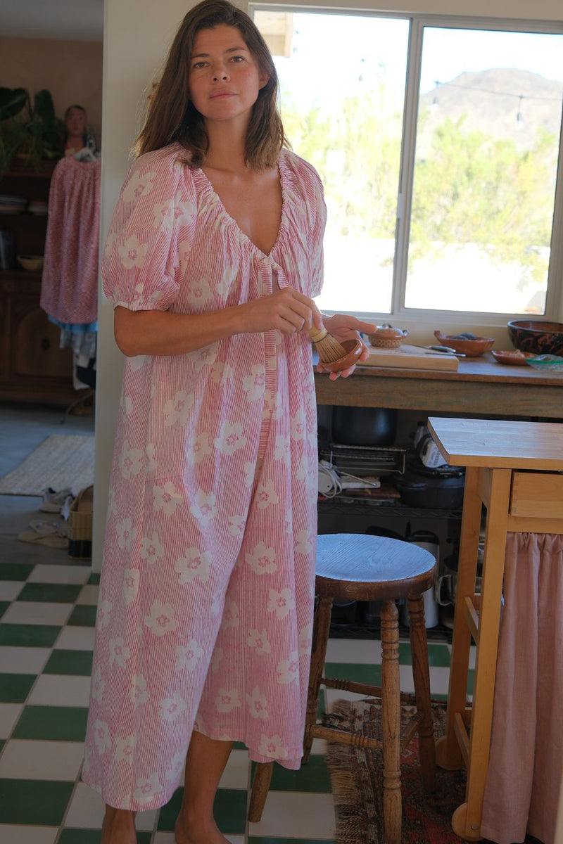 Central Park Dress — Floral hand block printed cotton dress by World of Crow in pink for women in Singapore