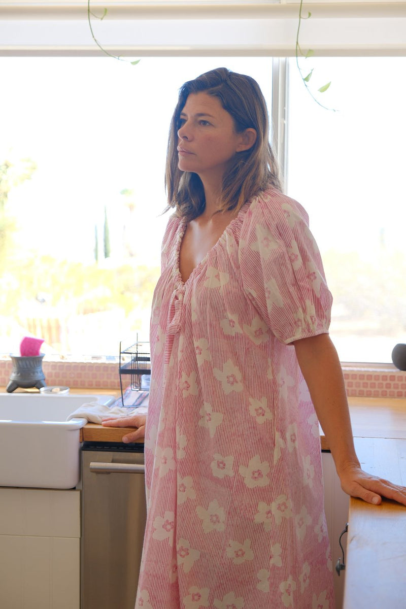 Central Park Dress — Floral hand block printed cotton dress by World of Crow in pink for women in Singapore