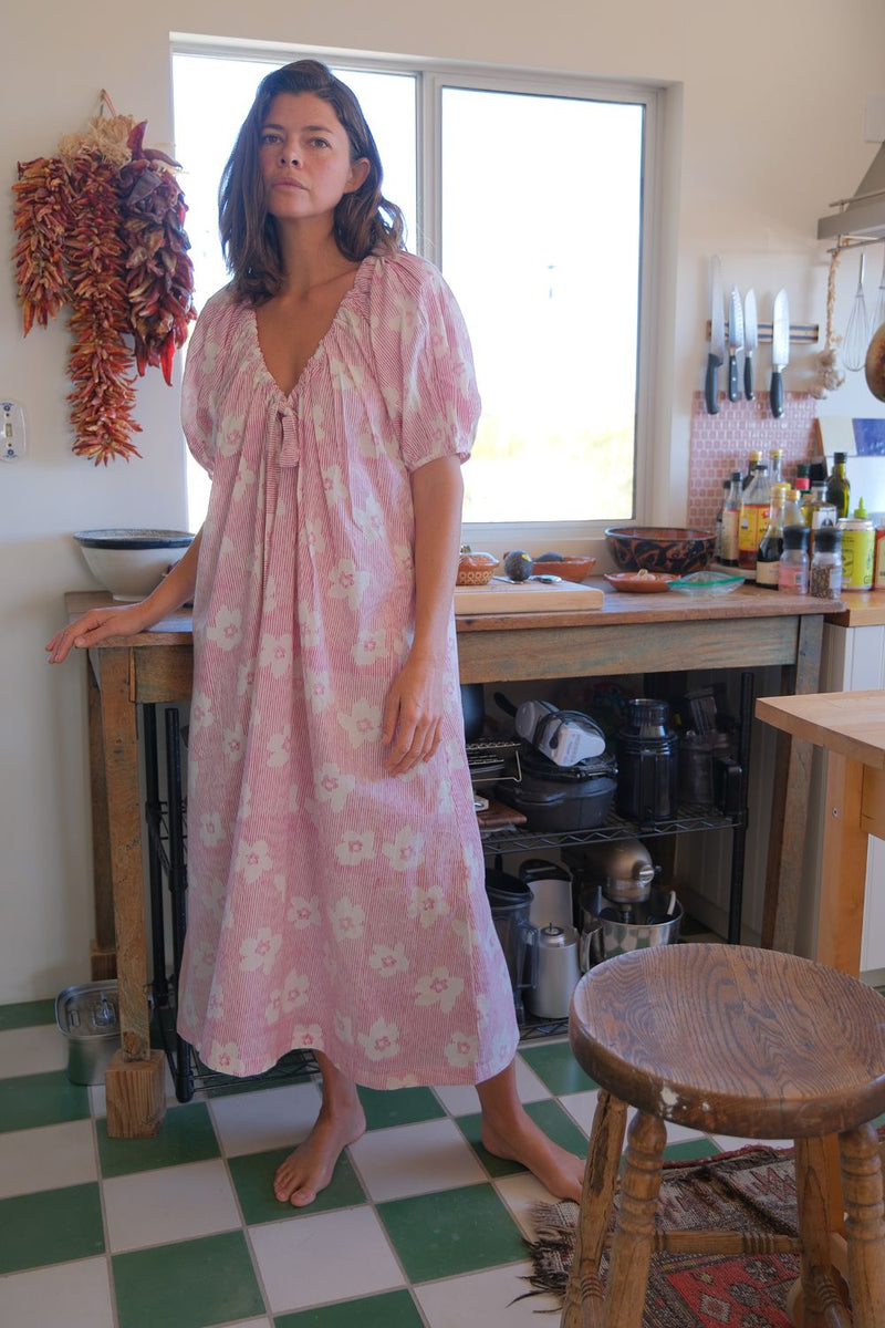 Central Park Dress — Floral hand block printed cotton dress by World of Crow in pink for women in Singapore