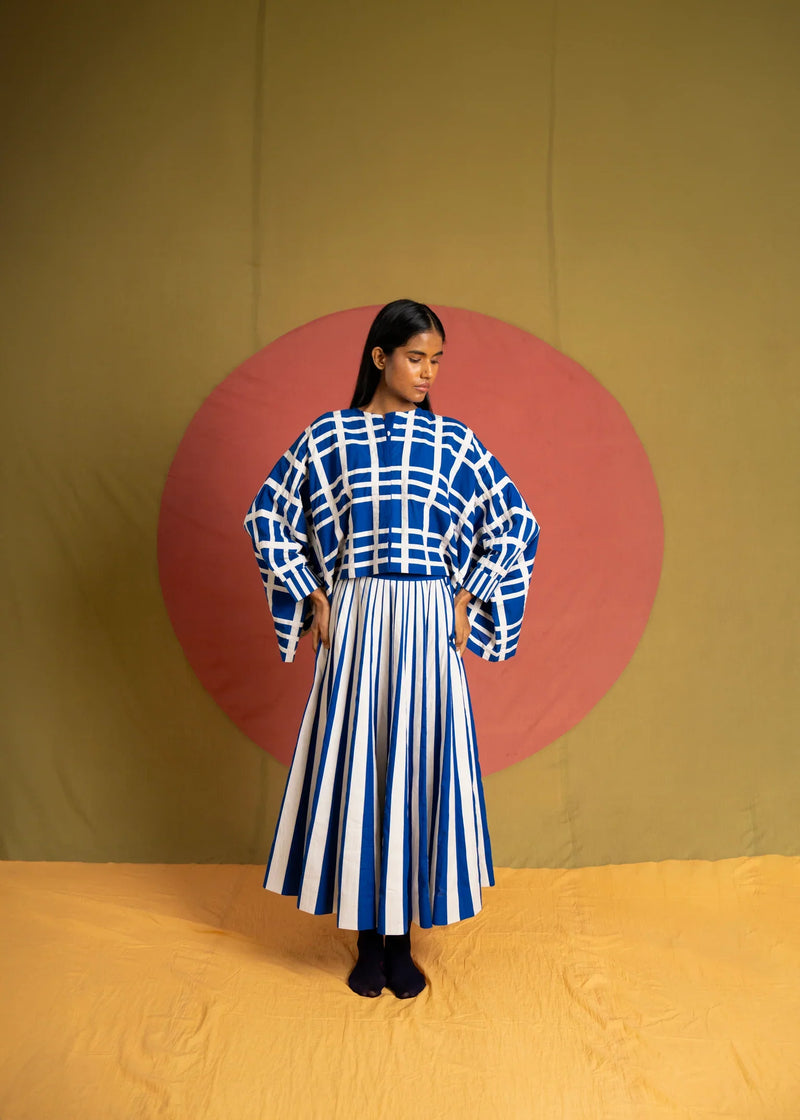 Chacha Jacket-White and Blue cotton jacket/overlay by Ka-Sha in blue for women in Singapore