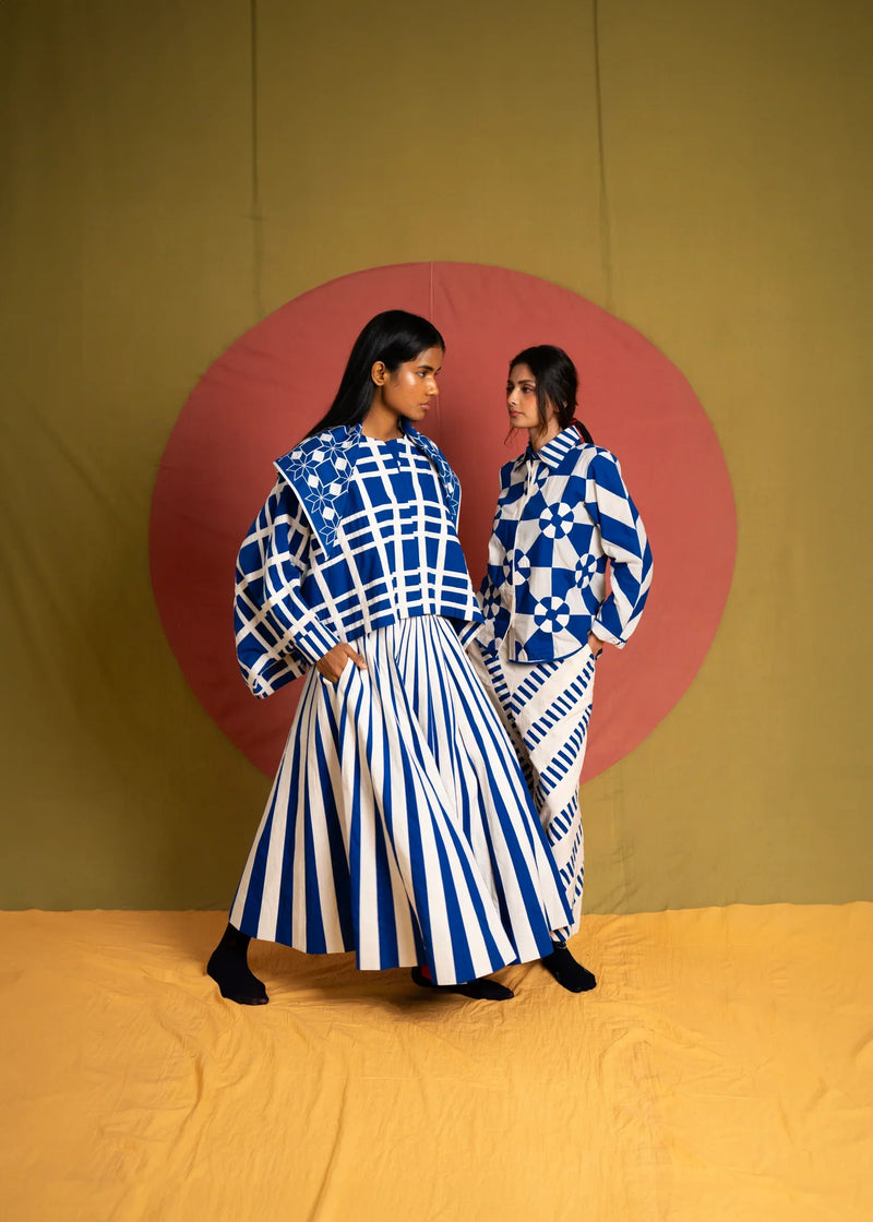 Chacha Jacket-White and Blue cotton jacket/overlay by Ka-Sha in blue for women in Singapore