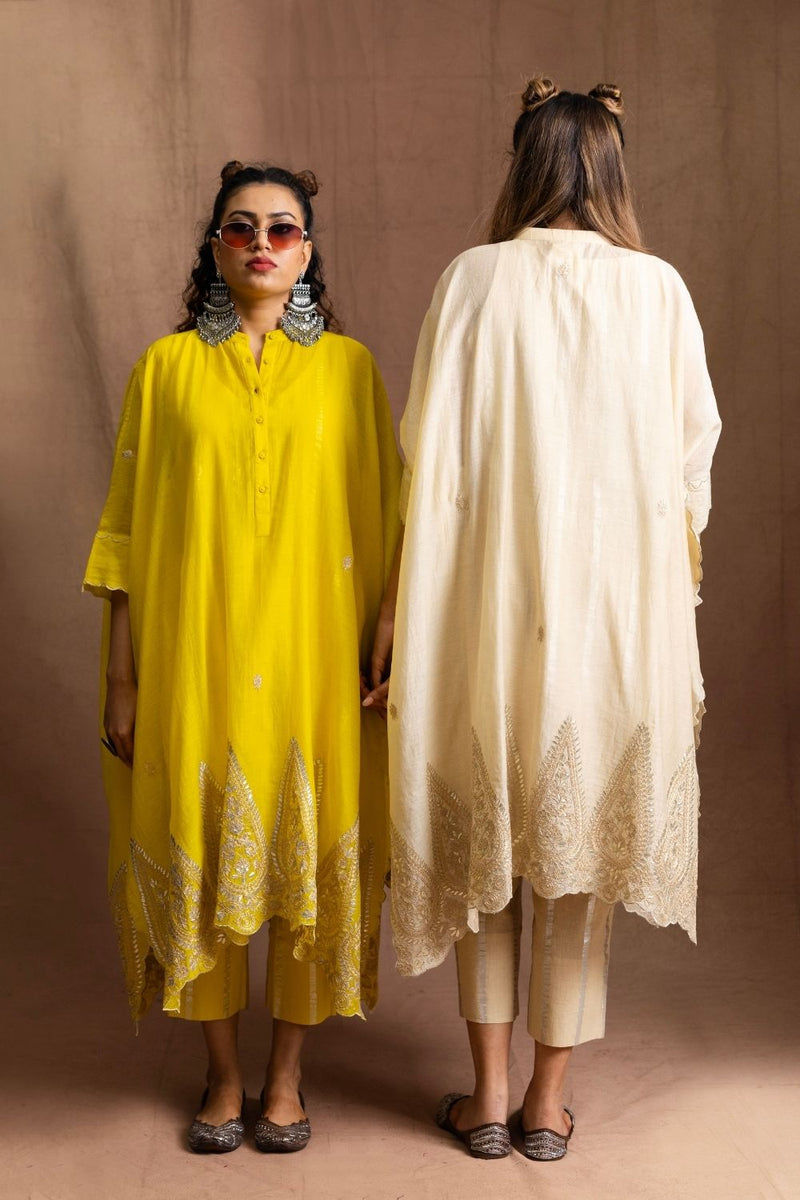 Chanderi Gota Patti Set-Beige Pure Chanderi Silk Kurta Set Sabo by Sabina — Canvas & Weaves Singapore