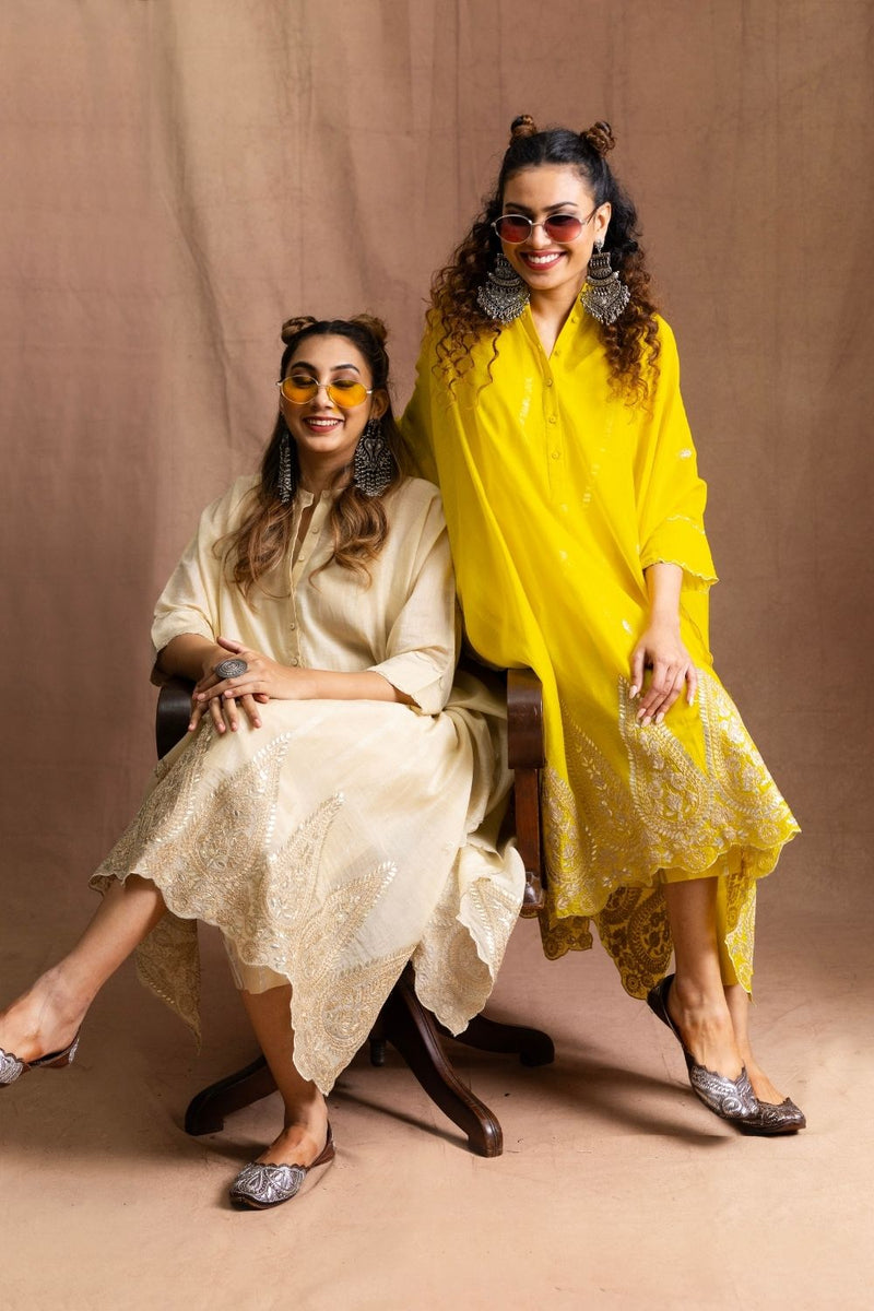 Chanderi Gota Patti Set-Beige Pure Chanderi Silk Kurta Set Sabo by Sabina — Canvas & Weaves Singapore