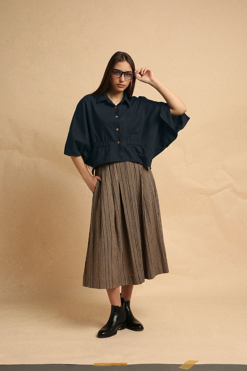Charcoal Collar Crop Top & Brown Box Pleated Skirt Set (2 PCS) 100% cotton by Mati in brown color for women in Singapore