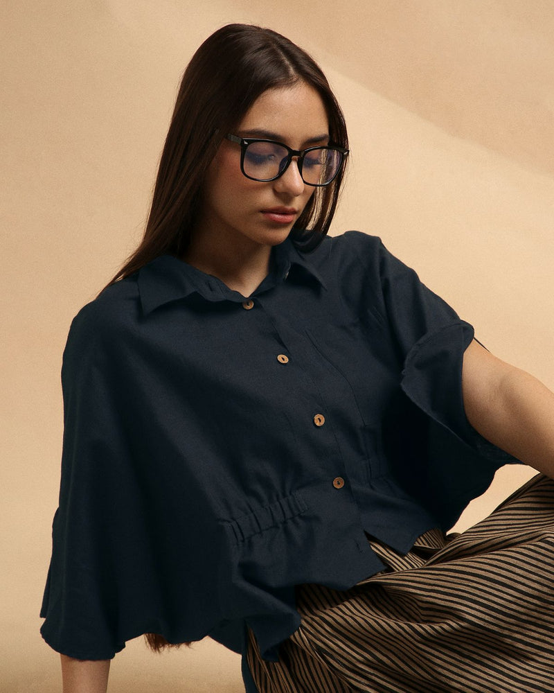 Charcoal Collar Crop Top & Brown Box Pleated Skirt Set (2 PCS) 100% cotton by Mati in brown color for women in Singapore