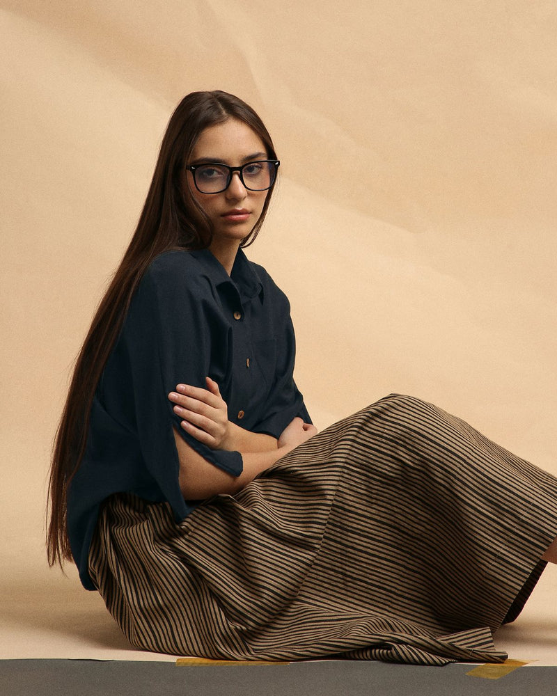 Charcoal Collar Crop Top & Brown Box Pleated Skirt Set (2 PCS) 100% cotton by Mati in brown color for women in Singapore
