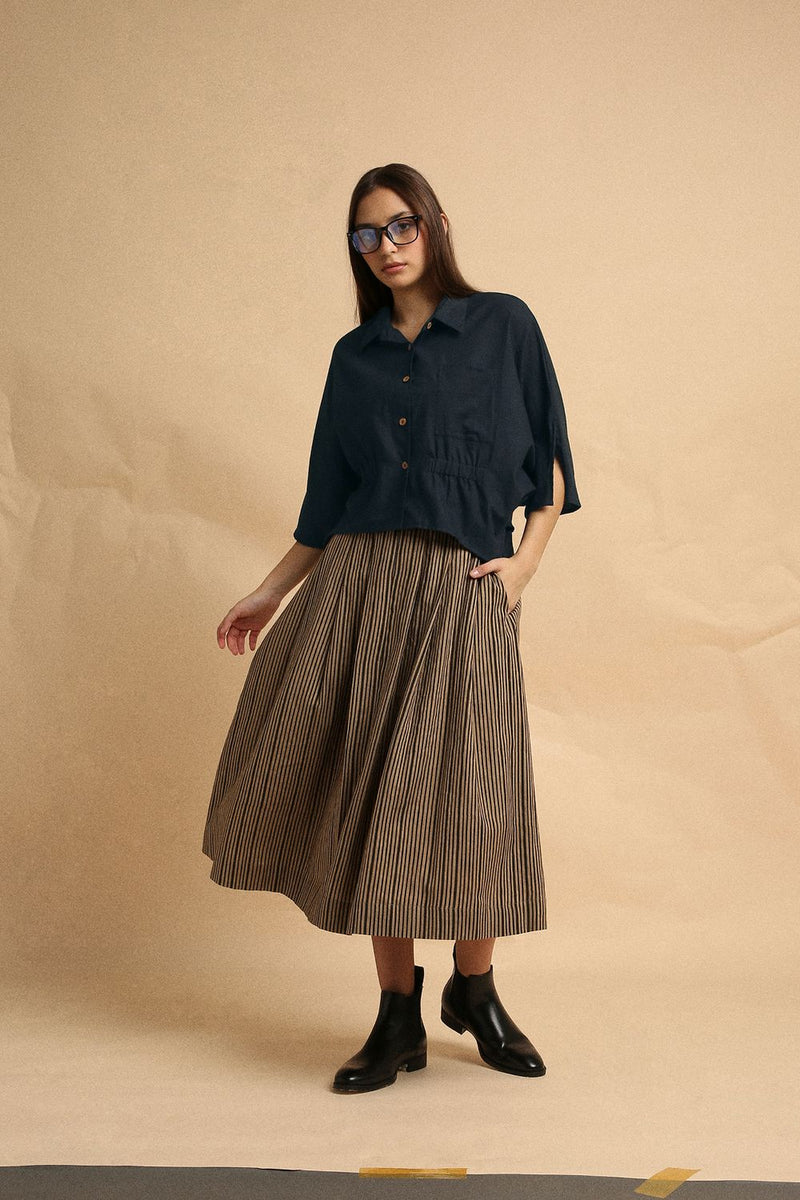 Charcoal Collar Crop Top & Brown Box Pleated Skirt Set (2 PCS) 100% cotton by Mati in brown color for women in Singapore