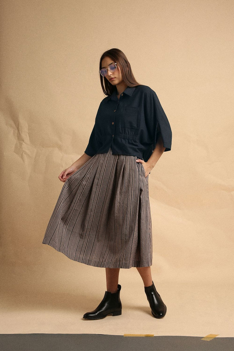 Charcoal Collar Crop Top & Gray Box Pleated Skirt Set (2 PCS) 100% cotton by Mati in charcoal color for women in Singapore