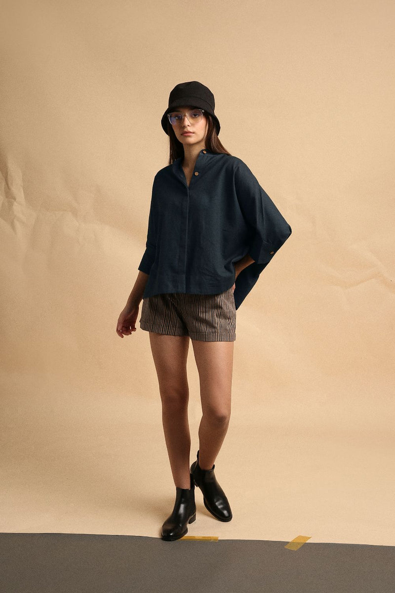 Charcoal Oversized Ret Shirt & Brown Striped PL Shorts Set (2 PCS) 100% cotton by Mati in grey color for women in Singapore