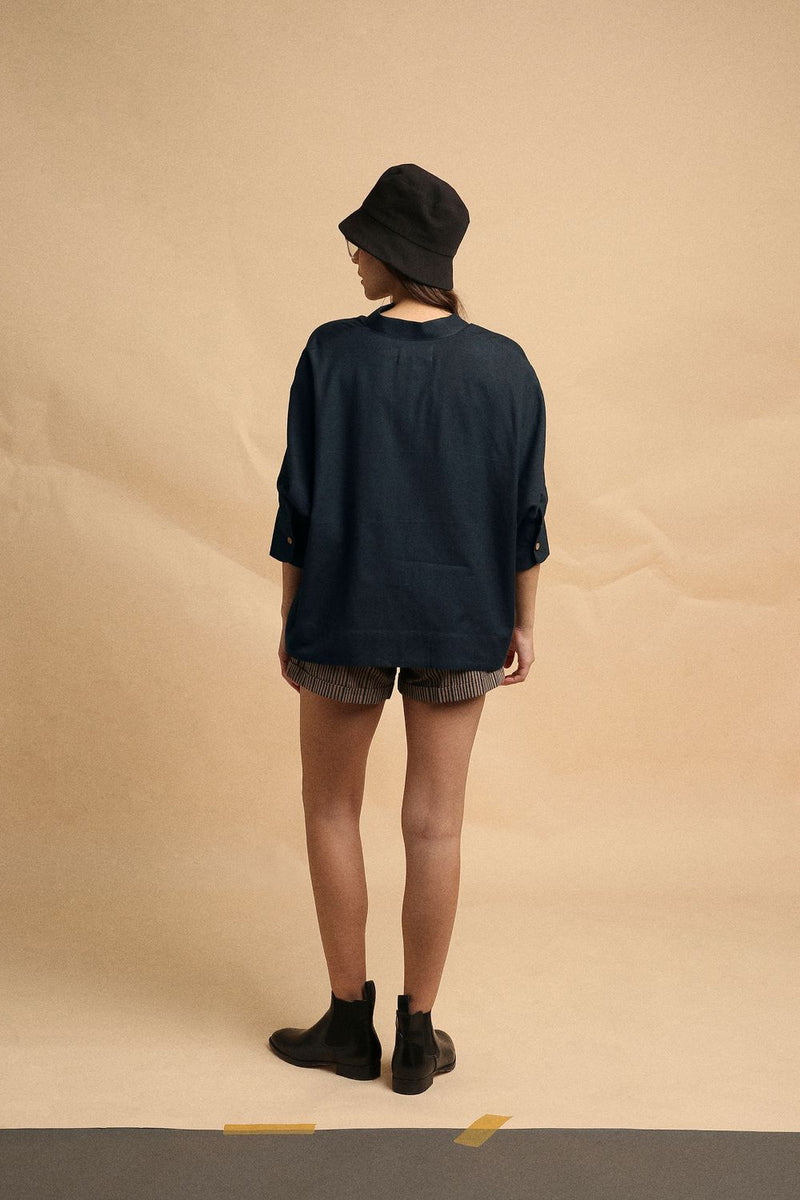 Charcoal Oversized Ret Shirt & Brown Striped PL Shorts Set (2 PCS) 100% cotton by Mati in grey color for women in Singapore